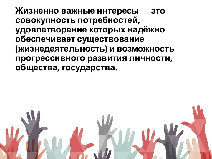 Жизненно важные интересы — это совокупность потребностей, удовлетворение которых надёжно обеспечивает существование