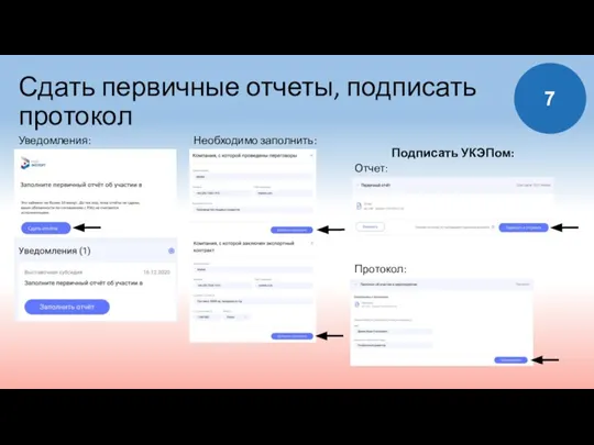 7 Сдать первичные отчеты, подписать протокол Уведомления: Необходимо заполнить: Подписать УКЭПом: Протокол: Отчет: