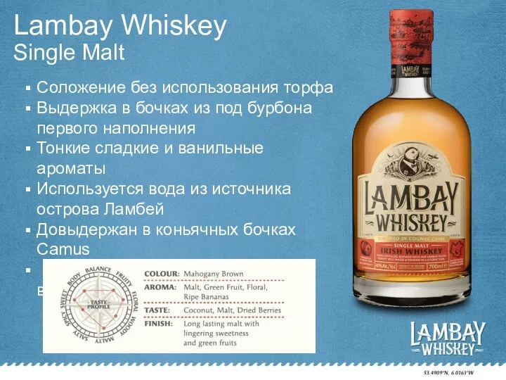 Lambay Whiskey Single Malt Соложение без использования торфа Выдержка в бочках из