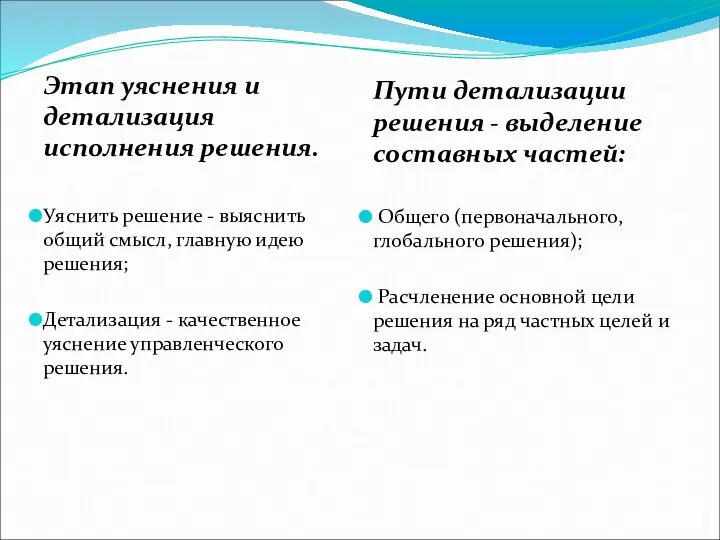 Этап уяснения и детализация исполнения решения. Уяснить решение - выяснить общий смысл,