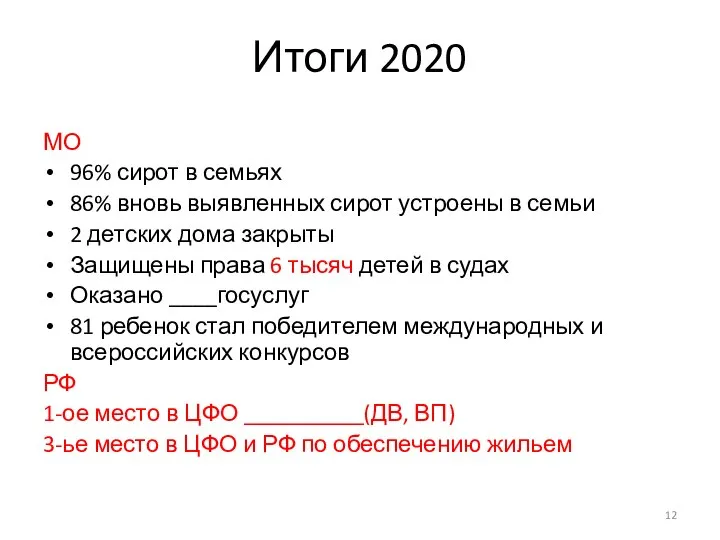 Итоги 2020 МО 96% сирот в семьях 86% вновь выявленных сирот устроены