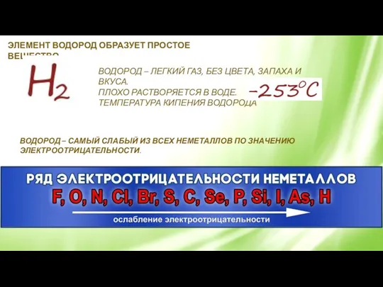 ЭЛЕМЕНТ ВОДОРОД ОБРАЗУЕТ ПРОСТОЕ ВЕЩЕСТВО ВОДОРОД – ЛЕГКИЙ ГАЗ, БЕЗ ЦВЕТА, ЗАПАХА