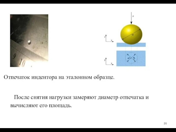 Отпечаток индентора на эталонном образце. После снятия нагрузки замеряют диаметр отпечатка и вычисляют его площадь.