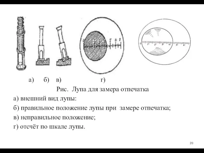 а) б) в) г) Рис. Лупа для замера отпечатка а) внешний вид