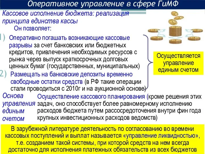 Оперативное управление в сфере ГиМФ Кассовое исполнение бюджета: реализация принципа единства кассы