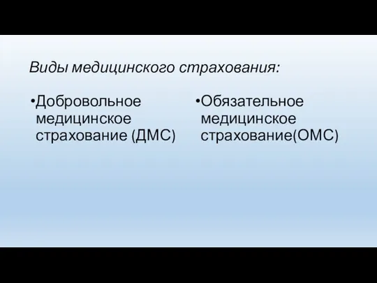 Виды медицинского страхования: Добровольное медицинское страхование (ДМС) Обязательное медицинское страхование(ОМС)