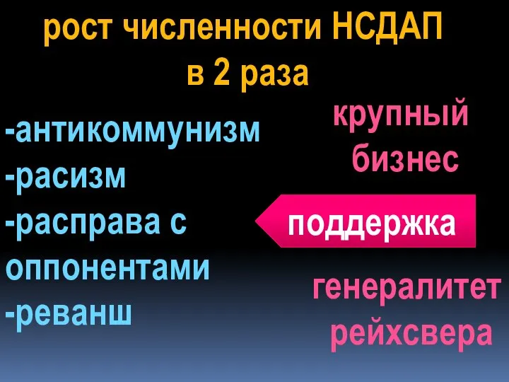 рост численности НСДАП в 2 раза крупный бизнес генералитет рейхсвера поддержка -антикоммунизм