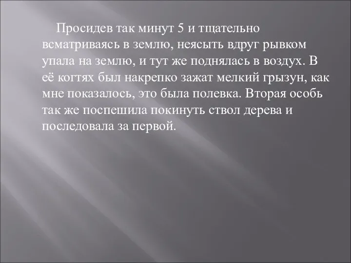 Просидев так минут 5 и тщательно всматриваясь в землю, неясыть вдруг рывком