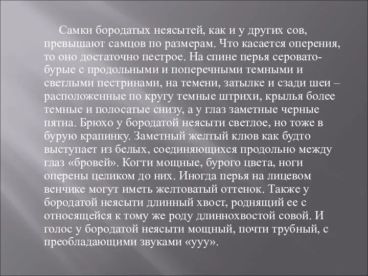 Самки бородатых неясытей, как и у других сов, превышают самцов по размерам.