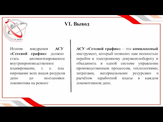 VI. Вывод Итогом внедрения АСУ «Сетевой график» должно стать автоматизированное внутри­производственное планирование,