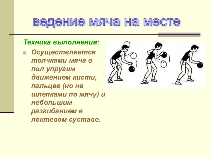 Техника выполнения: Осуществляется толчками мяча в пол упругим движением кисти, пальцев (но