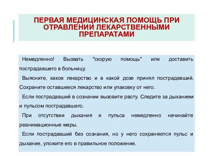 ПЕРВАЯ МЕДИЦИНСКАЯ ПОМОЩЬ ПРИ ОТРАВЛЕНИИ ЛЕКАРСТВЕННЫМИ ПРЕПАРАТАМИ Немедленно! Вызвать "скорую помощь" или