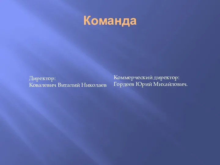 Команда Директор: Ковалевич Виталий Николаев Коммерческий директор: Гордеев Юрий Михайлович.