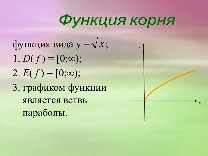 функция вида y = ; 1. D( f ) = [0;∞); 2.