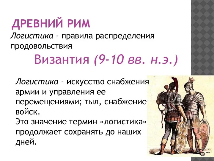 ДРЕВНИЙ РИМ Византия (9-10 вв. н.э.) Логистика - правила распределения продовольствия Логистика