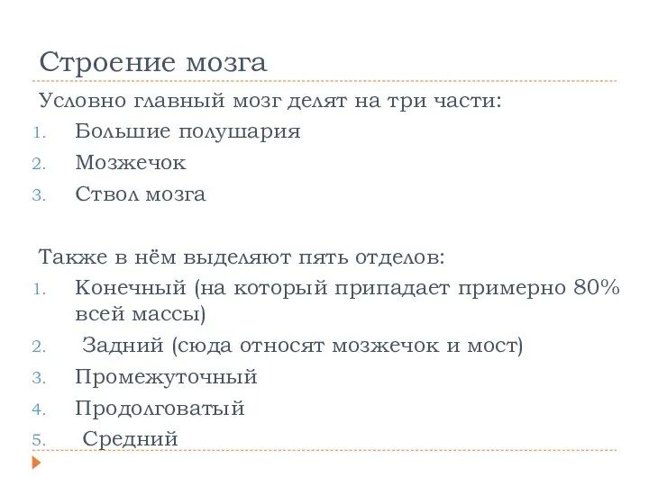 Строение мозга Условно главный мозг делят на три части: Большие полушария Мозжечок