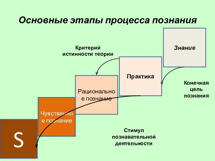 Основные этапы процесса познания S Чувственное познание Рациональное познание Практика Знание Стимул