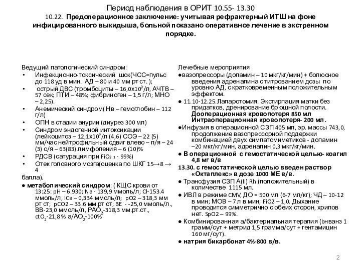 Период наблюдения в ОРИТ 10.55- 13.30 10.22. Предоперационное заключение: учитывая рефрактерный ИТШ