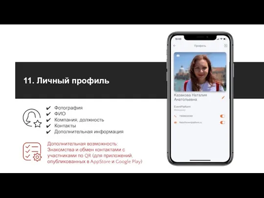 11. Личный профиль Фотография ФИО Компания, должность Контакты Дополнительная информация Дополнительная возможность: