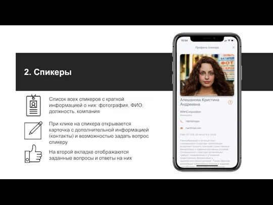 2. Спикеры При клике на спикера открывается карточка с дополнительной информацией (контакты)