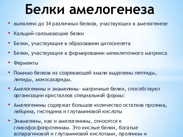 выявлено до 34 различных белков, участвующих в амелогенезе Кальций-связывающие белки Белки, участвующие