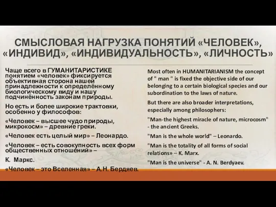 СМЫСЛОВАЯ НАГРУЗКА ПОНЯТИЙ «ЧЕЛОВЕК», «ИНДИВИД», «ИНДИВИДУАЛЬНОСТЬ», «ЛИЧНОСТЬ» Чаще всего в ГУМАНИТАРИСТИКЕ понятием