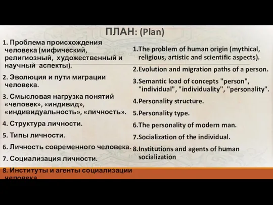 ПЛАН: (Plan) 1. Проблема происхождения человека (мифический, религиозный, художественный и научный аспекты).