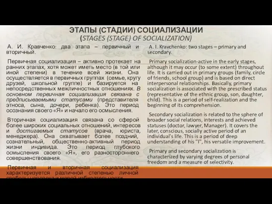 ЭТАПЫ (СТАДИИ) СОЦИАЛИЗАЦИИ (STAGES (STAGE) OF SOCIALIZATION) А. И. Кравченко: два этапа