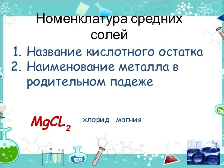 Номенклатура средних солей магния Название кислотного остатка Наименование металла в родительном падеже МgСL2 хлорид