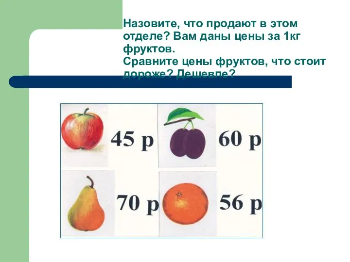 Назовите, что продают в этом отделе? Вам даны цены за 1кг фруктов.