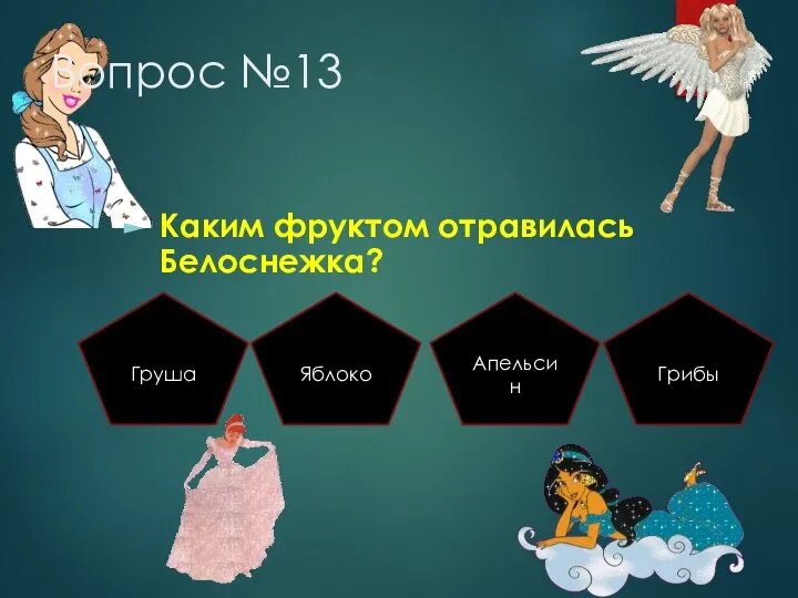 Вопрос №13 Каким фруктом отравилась Белоснежка? Груша Яблоко Апельсин Грибы