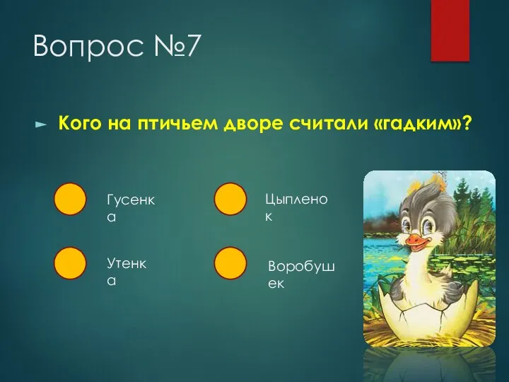 Вопрос №7 Кого на птичьем дворе считали «гадким»? Гусенка Утенка Цыпленок Воробушек