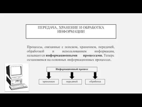 ПЕРЕДАЧА, ХРАНЕНИЕ И ОБРАБОТКА ИНФОРМАЦИИ Процессы, связанные с поиском, хранением, передачей, обработкой