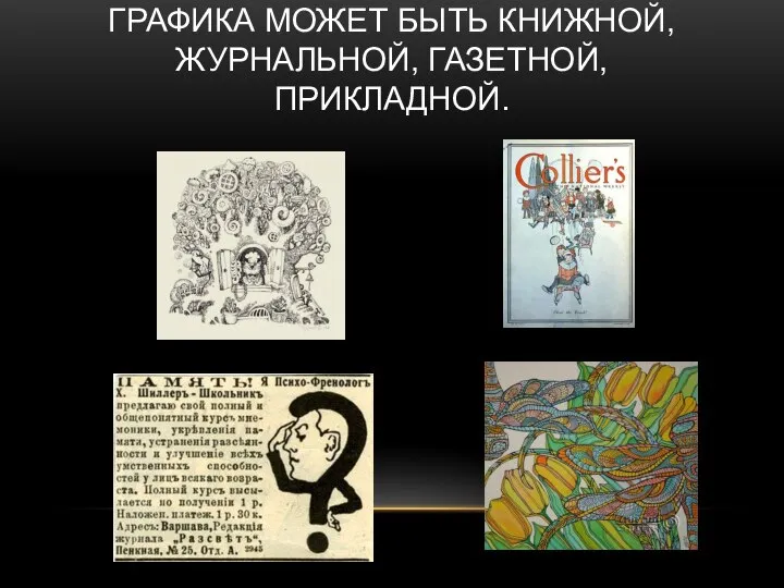 ГРАФИКА МОЖЕТ БЫТЬ КНИЖНОЙ, ЖУРНАЛЬНОЙ, ГАЗЕТНОЙ, ПРИКЛАДНОЙ.