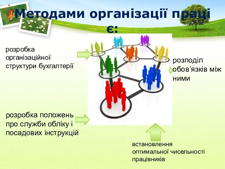Методами організації праці є: розробка організаційної структури бухгалтерії розробка положень про служби