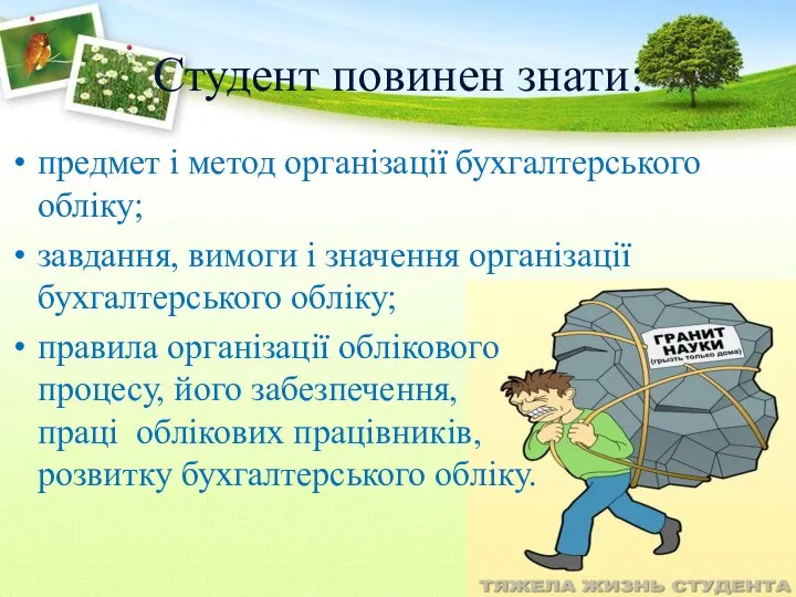 Студент повинен знати: предмет і метод організації бухгалтерського обліку; завдання, вимоги і