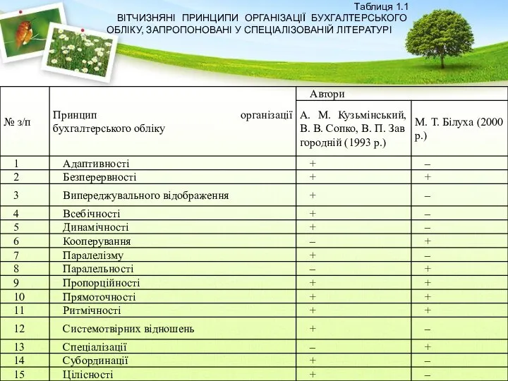 Таблиця 1.1 ВІТЧИЗНЯНІ ПРИНЦИПИ ОРГАНІЗАЦІЇ БУХГАЛТЕРСЬКОГО ОБЛІКУ, ЗАПРОПОНОВАНІ У СПЕЦІАЛІЗОВАНІЙ ЛІТЕРАТУРІ