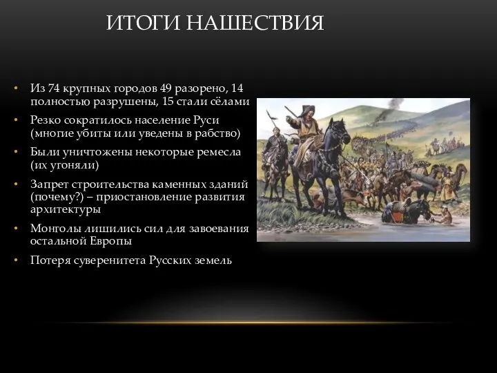 ИТОГИ НАШЕСТВИЯ Из 74 крупных городов 49 разорено, 14 полностью разрушены, 15