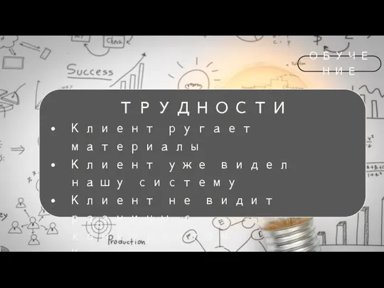 ТРУДНОСТИ Клиент ругает материалы Клиент уже видел нашу систему Клиент не видит