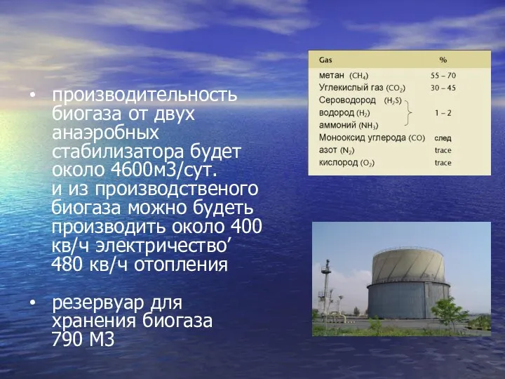 производительность биогаза от двух анаэробных стабилизатора будет около 4600м3/сут. и из производственого