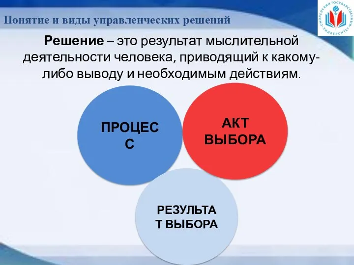 Понятие и виды управленческих решений Решение – это результат мыслительной деятельности человека,