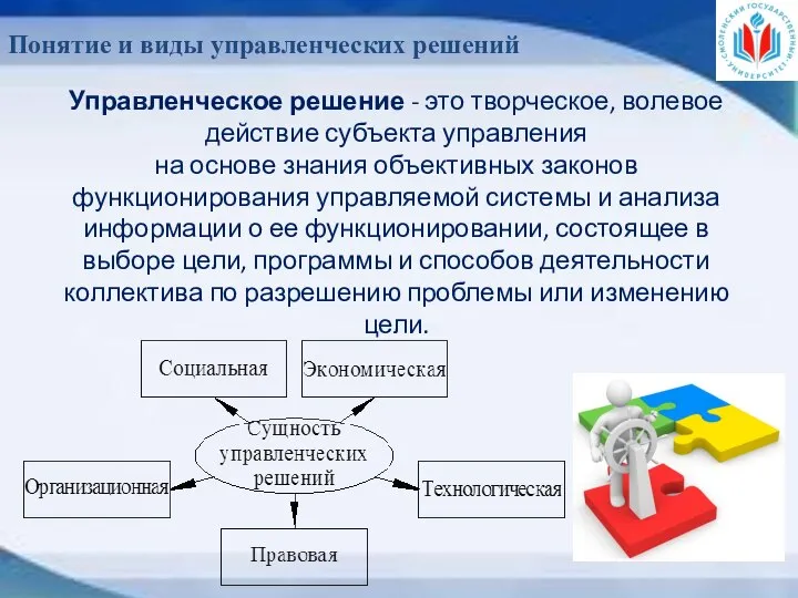 Понятие и виды управленческих решений Управленческое решение - это творческое, волевое действие