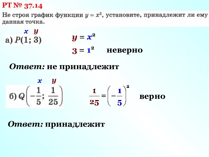 РТ № 37.14 х у у = х2 3 = 12 неверно