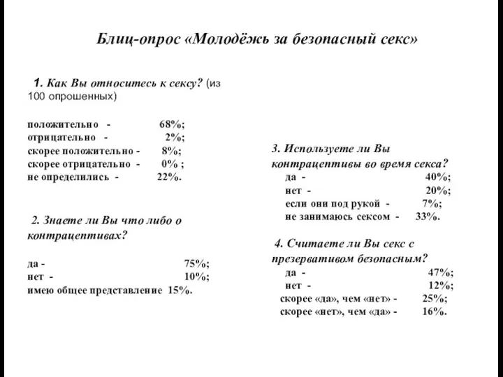 Блиц-опрос «Молодёжь за безопасный секс» 1. Как Вы относитесь к сексу? (из