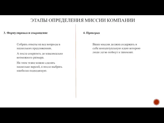 ЭТАПЫ ОПРЕДЕЛЕНИЯ МИССИИ КОМПАНИИ 3. Формулировка и сокращение Собрать ответы на все