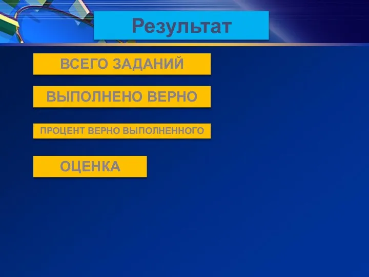 Результат ВСЕГО ЗАДАНИЙ ВЫПОЛНЕНО ВЕРНО ПРОЦЕНТ ВЕРНО ВЫПОЛНЕННОГО ОЦЕНКА