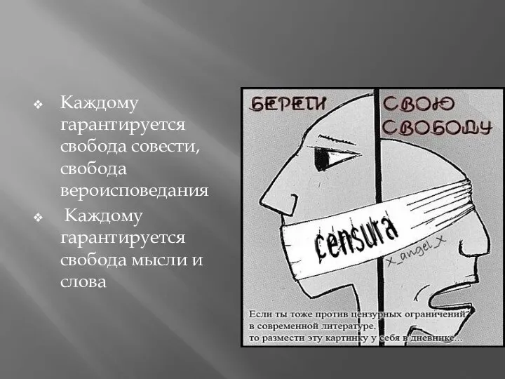 Каждому гарантируется свобода совести, свобода вероисповедания Каждому гарантируется свобода мысли и слова