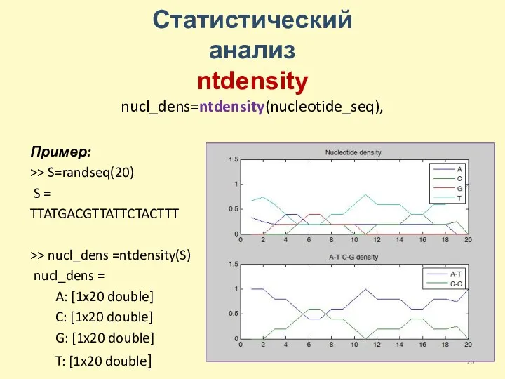 Статистический анализ ntdensity nucl_dens=ntdensity(nucleotide_seq), Пример: >> S=randseq(20) S = TTATGACGTTATTCTACTTT >> nucl_dens