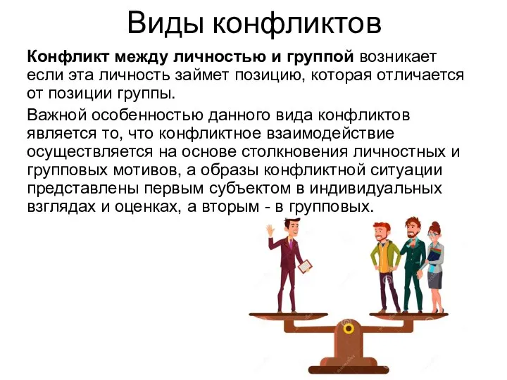 Виды конфликтов Конфликт между личностью и группой возникает если эта личность займет