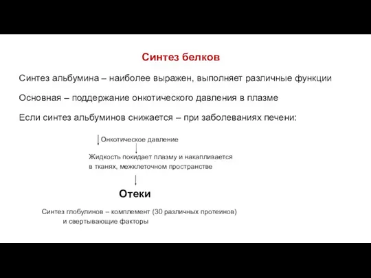 Синтез белков Синтез альбумина – наиболее выражен, выполняет различные функции Основная –